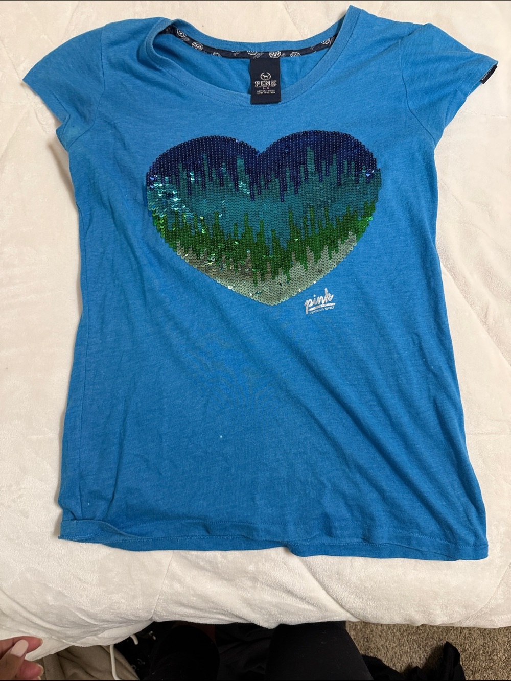 PINK Victoria's Secret Teal Blue Sequin Heart Tee